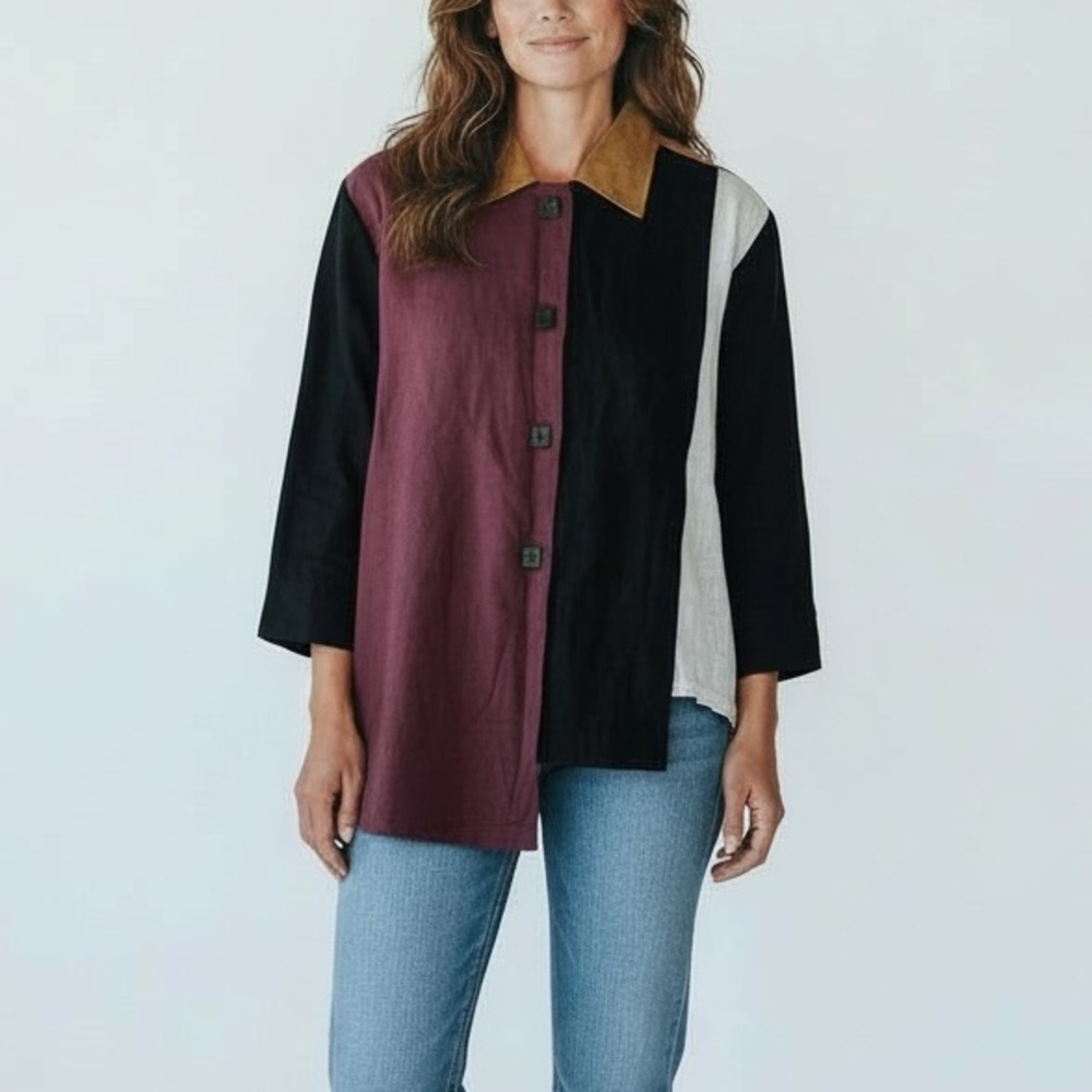 Vintage Carole Tomkims Women’s Linen Button Down Colorblock top L the big shirt